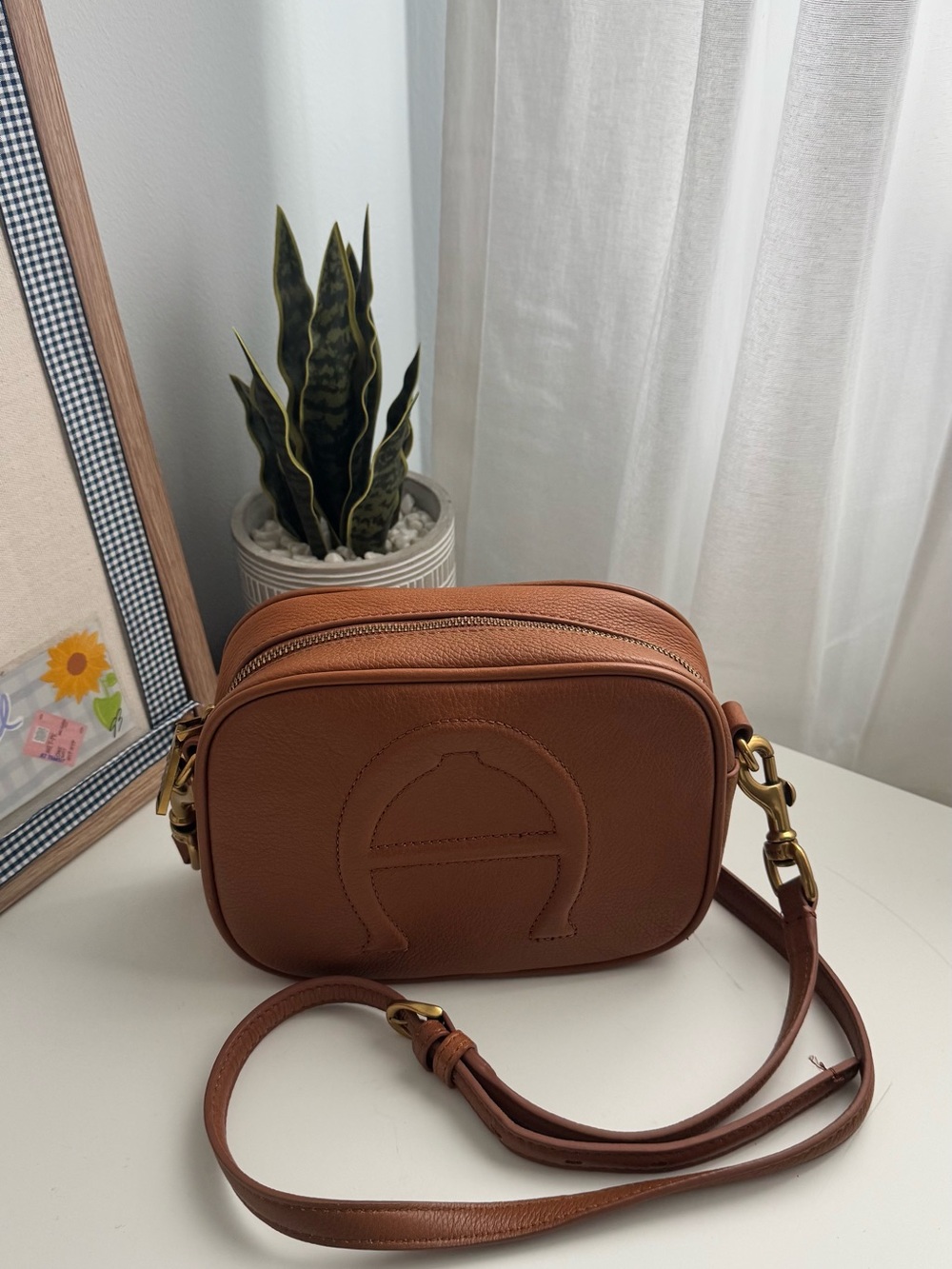 Etienne Aigner Tan Pebble Leather Crossbody Bag